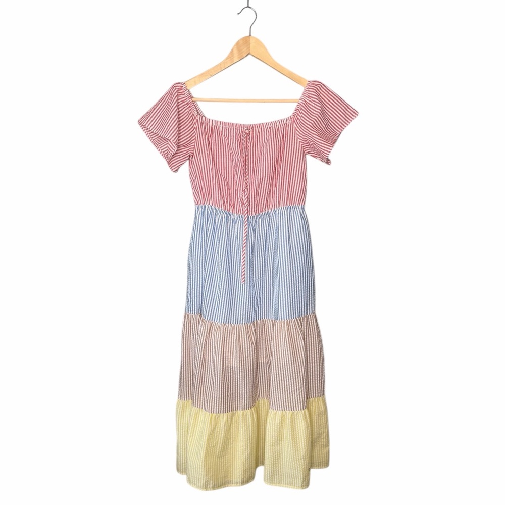 Urban Outfitters Off Shoulder Multi Seersucker Stripes Midi Dress - Picture 3 of 12